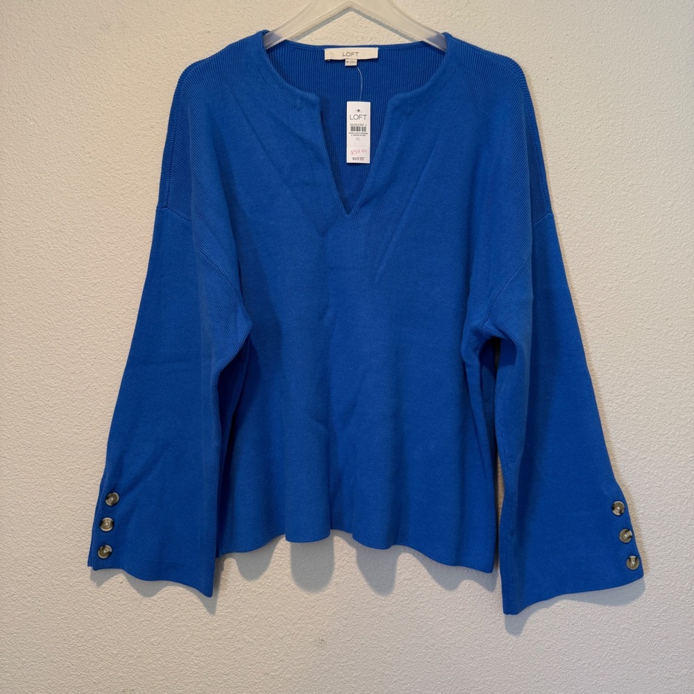 LOFT Womens Royal Blue Split Neck Button Cuff Knit Sweater XL New With Tags